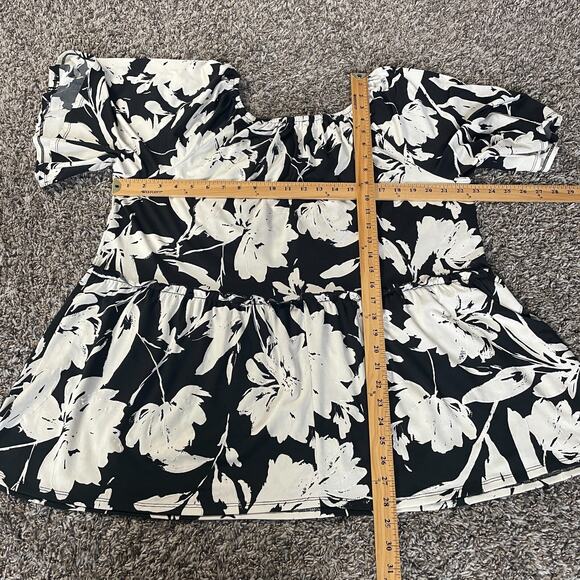 Casual Top Plus Size 2X Black Cream Floral Peplum Ruffle Boho Short Sleeve Flowy - Picture 10 of 10